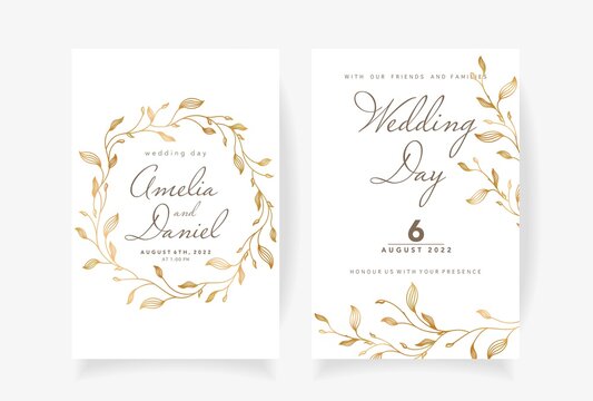 Wedding invitation template with beautiful golden leaves Vector illustration
