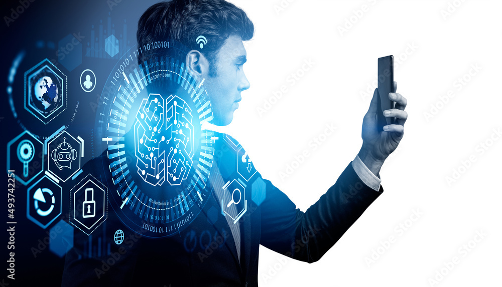 Poster office man hold smartphone, brain icon and binary with circuit,
