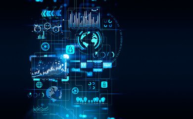 Graph with data, lines and numbers, earth globe and icons