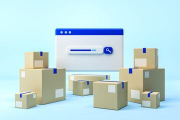 Web page with search field, cardboard boxes on light background. Tracking of order