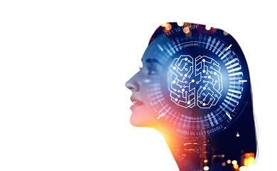 Woman profile and brain icon and binary with circuit. Copy space