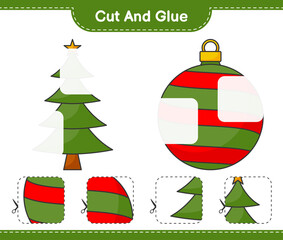 Cut and glue, cut parts of Christmas Tree, Christmas Ball and glue them. Educational children game, printable worksheet, vector illustration