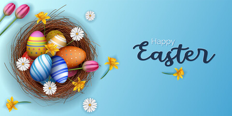 happy easter banner sky blue background with nest, eggs and flowers illustration
