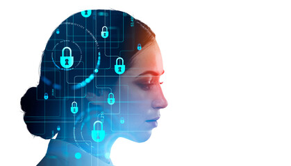 Woman profile and cybersecurity hologram circuit, lock with bina