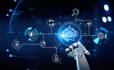 Robot hand and voice chat with security icons, binary and circuit