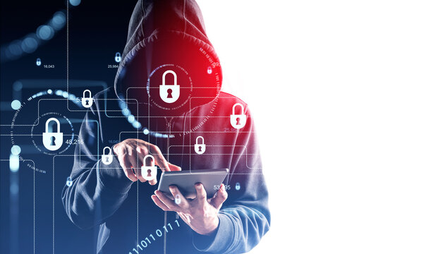 Hacker attack system and cybersecurity hologram, lock with binar