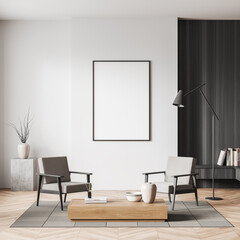 Bright living room interior with empty white poster, armchairs