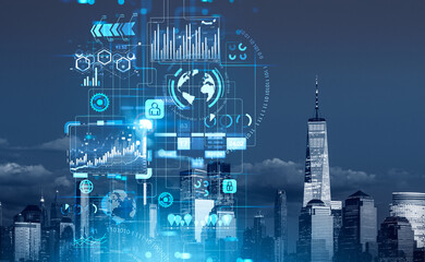 New York city skyscrapers downtown panoramic view with digital interface