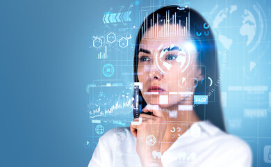 Businesswoman, graph chart with big data, business icons with li