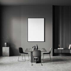 Dark living room interior with empty white poster, table, chairs