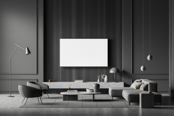 Lounge room interior with seats and tv set, stand with decoration. Mockup display