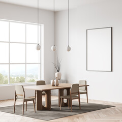 Light guest room interior with chairs, stand with decoration, mockup frame