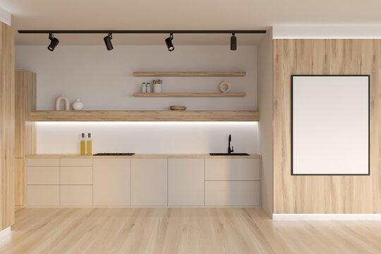 Bright kitchen room interior with empty white poster, gas cooker