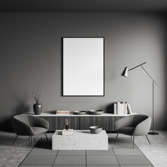Grey chill room interior with seats and decoration. Mockup frame
