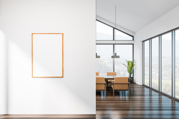 Office meeting room interior with furniture, window with city view. Mockup frame