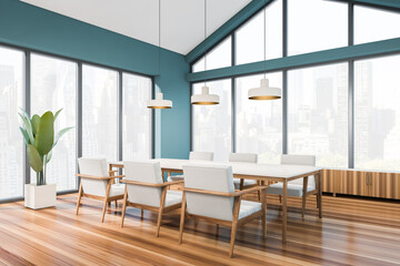Business meeting room interior with table and seats, window with city view