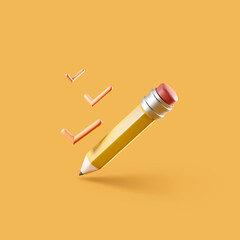 Yellow pen and ticks flying on bright background