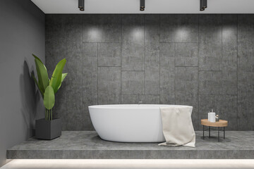 Naklejka na ściany i meble Grey bathroom interior with bathtub on podium, plant and accessories. Empty wall