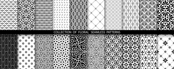 Geometric floral set of seamless patterns. White and black vector backgrounds. Simple illustrations. - obrazy, fototapety, plakaty