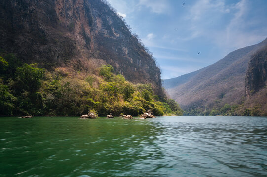 Rocks in the water at Sumidero Canyon, a deep natural canyon located on the Grijalva River in Chiapas state in Southern Mexico. The Canyon's vertical walls can reach up to 1,000 meters high.