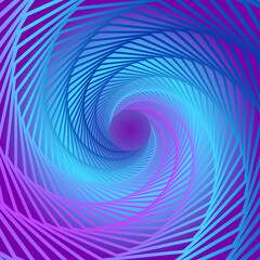 Twisted colored lines of the octagon frame. Vector 3d tunnel made of geometric shapes. Abstract dark background graphic spiral.