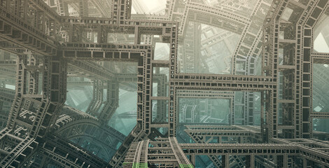 Fractal bridge building. Abstract Computer generated Fractal design. 3D Illustration of a Beautiful bridge future city