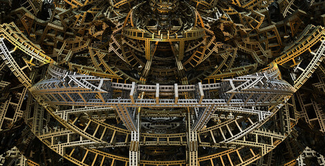 3D Illustration of a Beautiful Fractal bridge building city. Abstract Computer generated Fractal design.