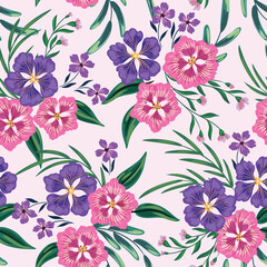 Seamless pattern, spring print with a delicate composition of tropical plants. Bouquets with purple, pink flowers, various leaves, foliage on a light background. Romantic vintage cover design. Vector.