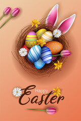 happy easter social media post template with nest, eggs and flowers illustration