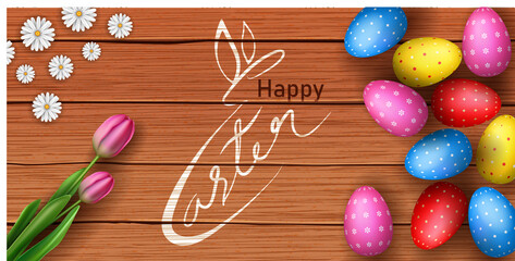 happy easter day banner easter eggs on wooden table