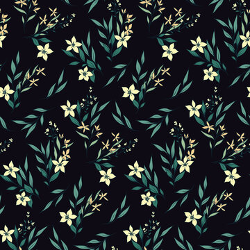 Vintage floral print, seamless pattern with small contour drawing flowers, leaves, twigs on a dark background. Elegant botanical background with wildflowers and herbs. Vector illustration.