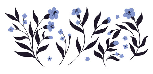 Set with isolated floral twigs in a rustic style. Various hand-drawn parts of plants, flowers, twigs, leaves on a white background. Vector illustration.
