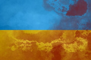Yellow and blue flag of Ukraine with red blood spots. Picture for background
