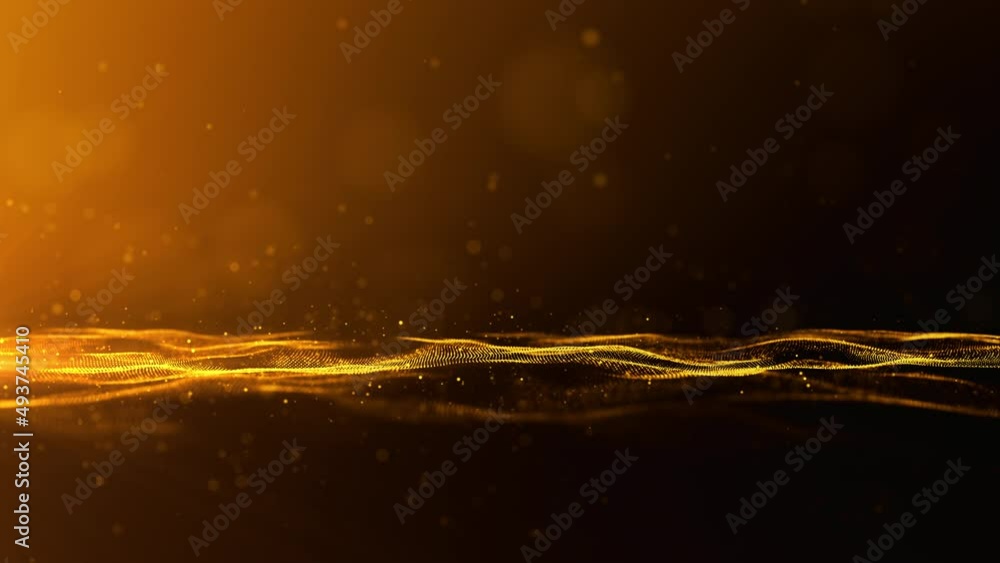 Poster abstract gold color digital particles wave flow with bokeh and lighting background, seamless loops a
