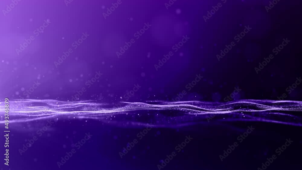 Poster abstract purple color digital particles wave flow with bokeh and lighting background, seamless loops