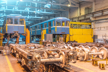 Electric depot of trains, wagons are installed on jacks. Procedure for replacing wheelsets and...