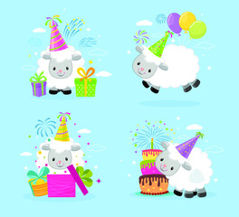 Vector set of Happy Birthday with cute cartoon sheeps