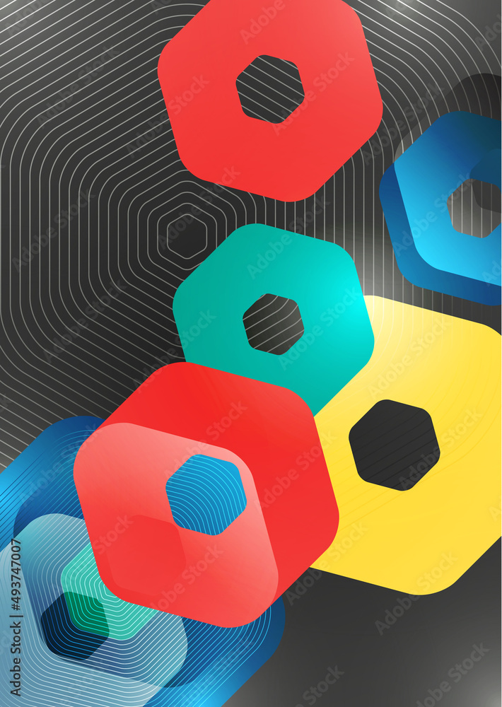 Poster bright abstract overlapping geometric shapes of hexagons on a dark background. business presentation