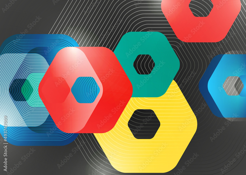 Poster bright abstract overlapping geometric shapes of hexagons on a dark background. business presentation