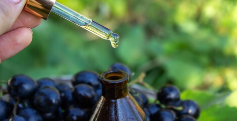 Grape seed oil in a glass jar and fresh grapes for spa and body care. The concept of spa, bio, eco...