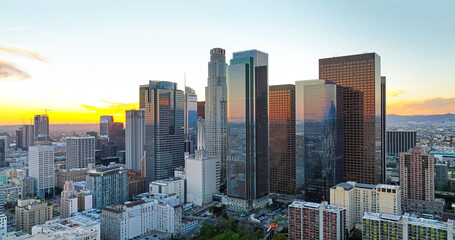 Fototapeta na wymiar Los Angels downtown skyline, panoramic city skyscrapers.