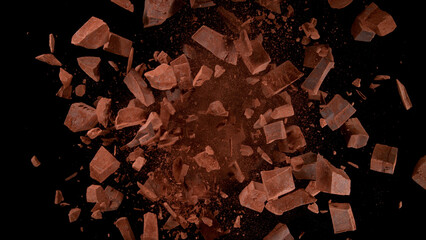 Freeze motion of flying group of raw chocolate pieces.