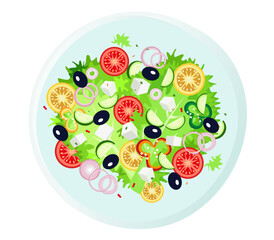 This easy Greek Salad is made with plum tomatoes, cucumbers, red onion, bell pepper, kalamata olives, and crumbled feta cheese.	
