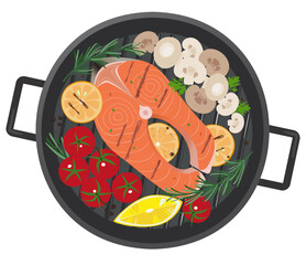 Griddle with grilled salmon, cherry tomatoes, mushrooms, lemon and rosemary.	
