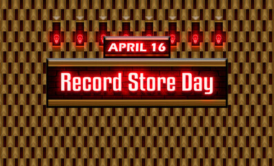 16 April, Record Store Day, Neon Text Effect on bricks Background