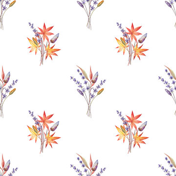 Autumn herbal seamless pattern on white isolated background. Herbs and leaves are painted with watercolors. Elegant design for wrapping paper, wallpapers, home textile, bedding, wrapping paper.
