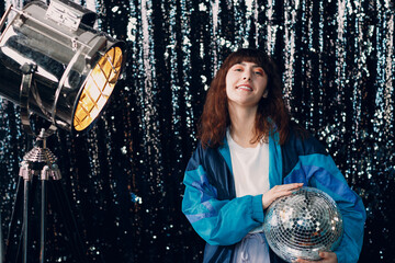 Young sporty woman 80 and 90's style. 90s fashion girl.