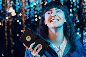 Young sporty woman 80 and 90's style. 90s fashion girl.