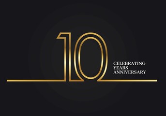10 Years Anniversary logotype with golden colored font numbers made of one connected line, isolated on black background for company celebration event, birthday