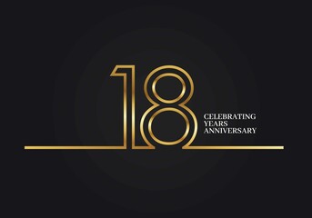 18 Years Anniversary logotype with golden colored font numbers made of one connected line, isolated on black background for company celebration event, birthday